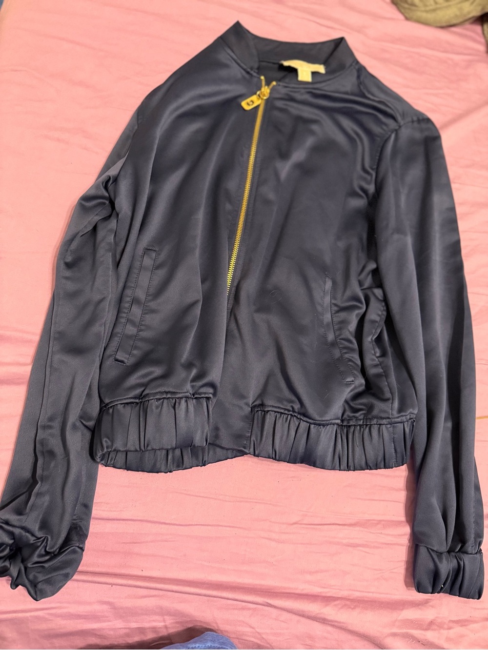 MICHAEL Michael Kors Navy Blue Silky Bomber Jacket with Gold Hardware